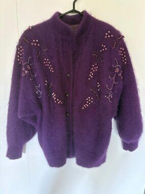 Deep Purple Vintage Angora Coat with Button Closure + Beaded/Embroidered Grapes